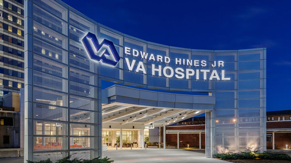 Photo of Edward Hines VA Building at night.